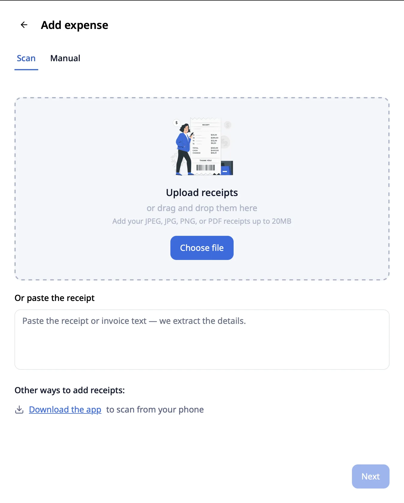 Add expense: scan or upload a receipt, paste its text, or forward it by email