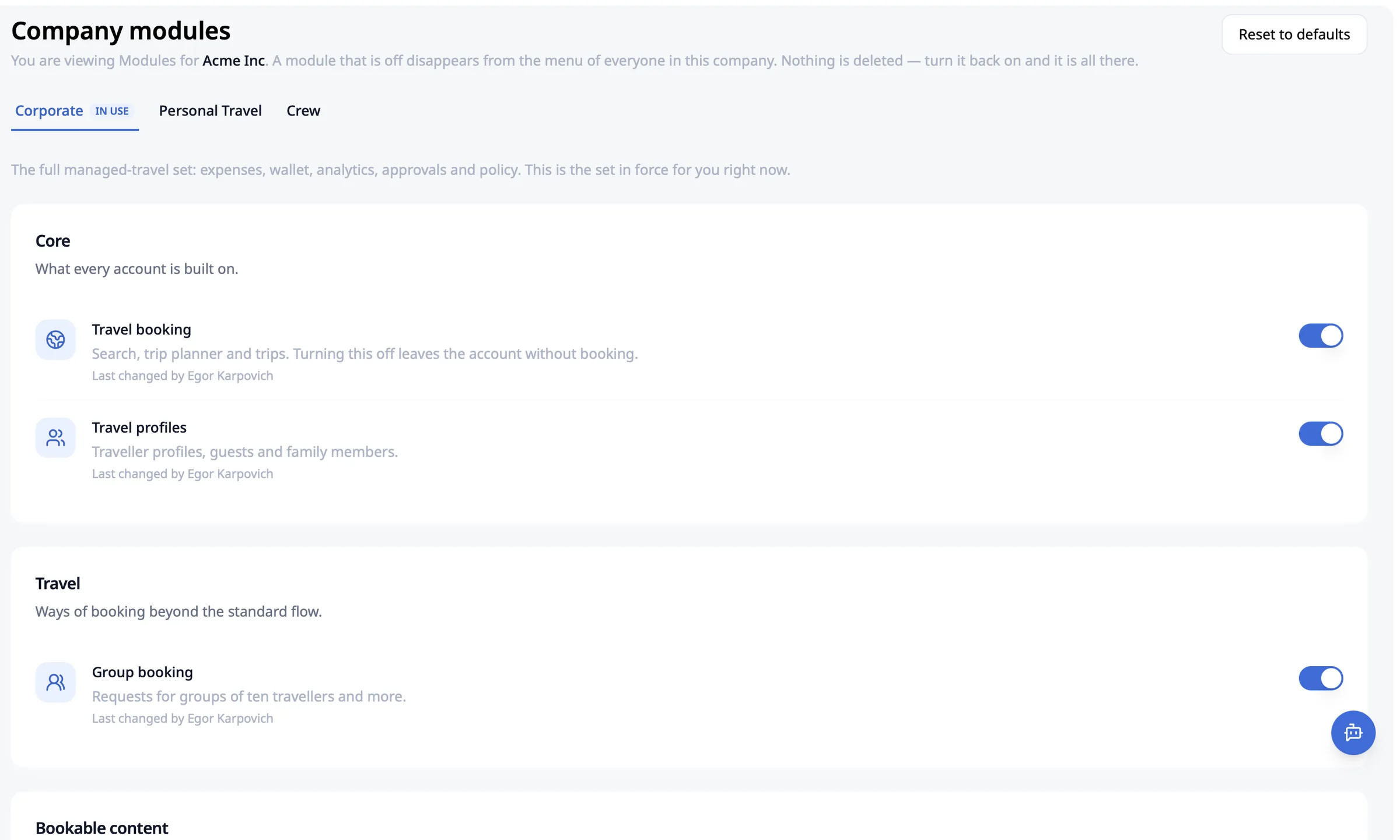 Company modules configured per client: travel, expenses, cards, analytics, approvals and policy