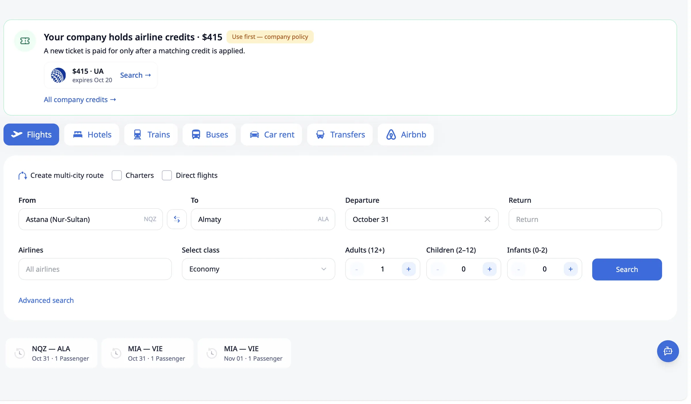 Search page reminding the traveler that the company holds an airline credit to use first, per company policy