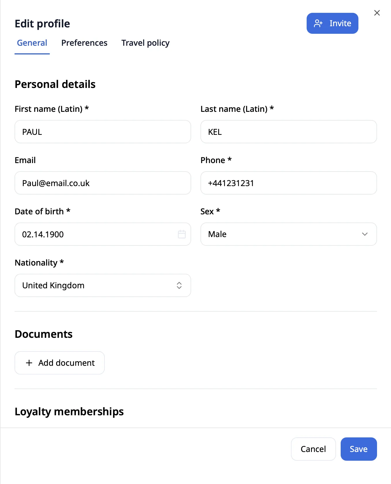 Traveler profile: personal details, documents, loyalty memberships and travel policy assignment