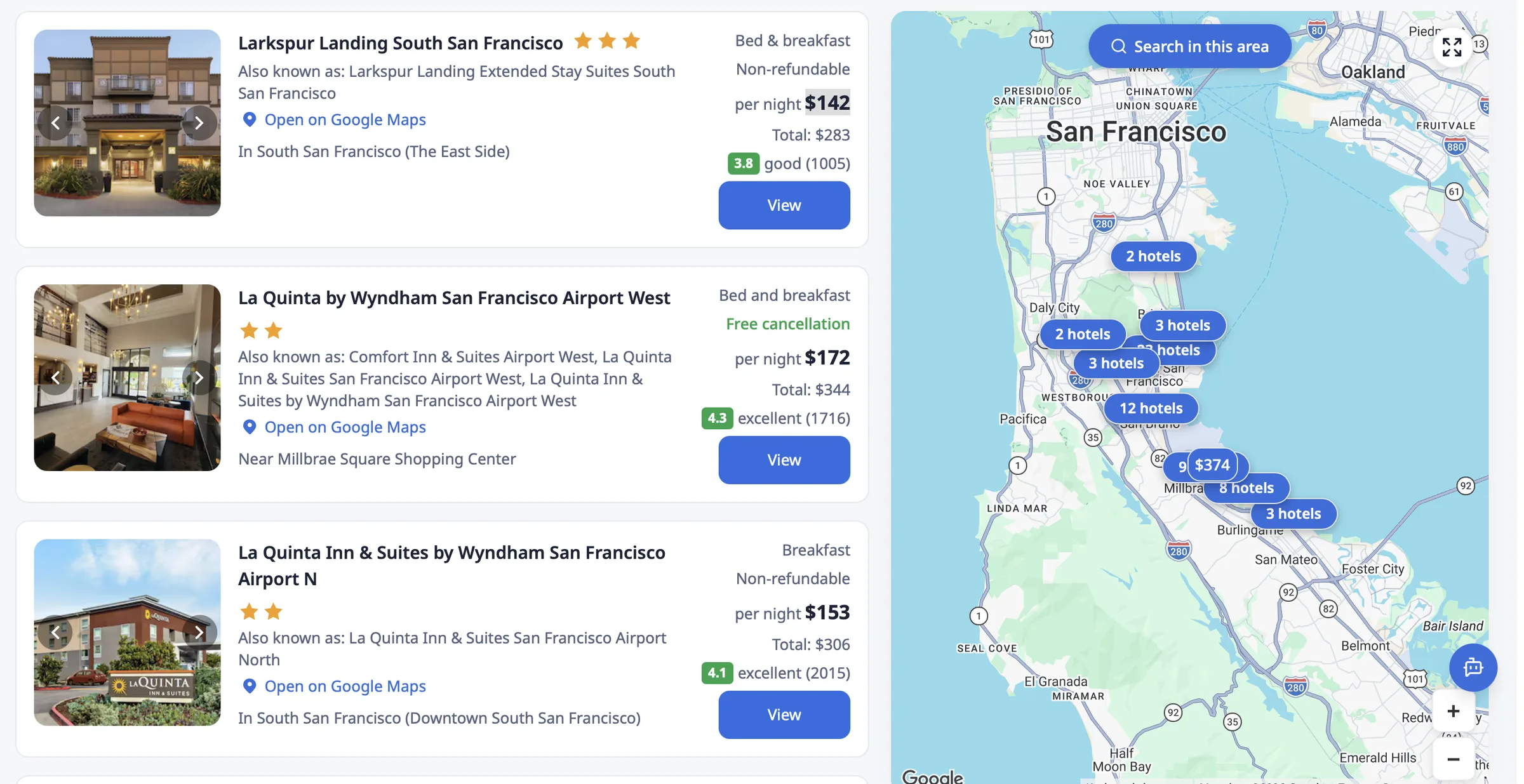 Hotel search results in San Francisco with rates, ratings and a map