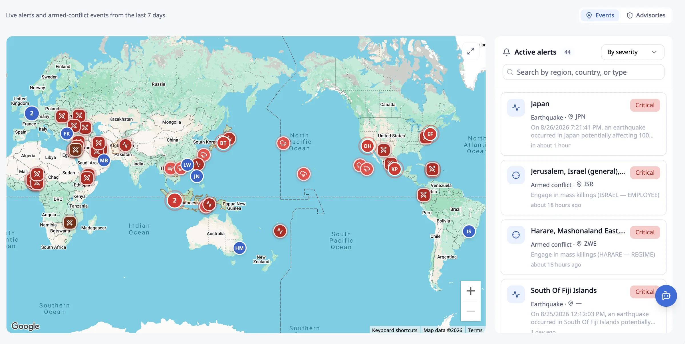 Live risk map with active alerts by severity: earthquakes, wildfires, storms and civil unrest