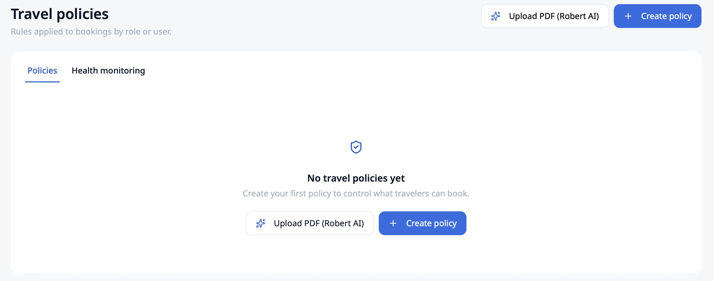 Travel policies: rules applied to bookings by role or user, created from scratch or by uploading a PDF for Robert AI