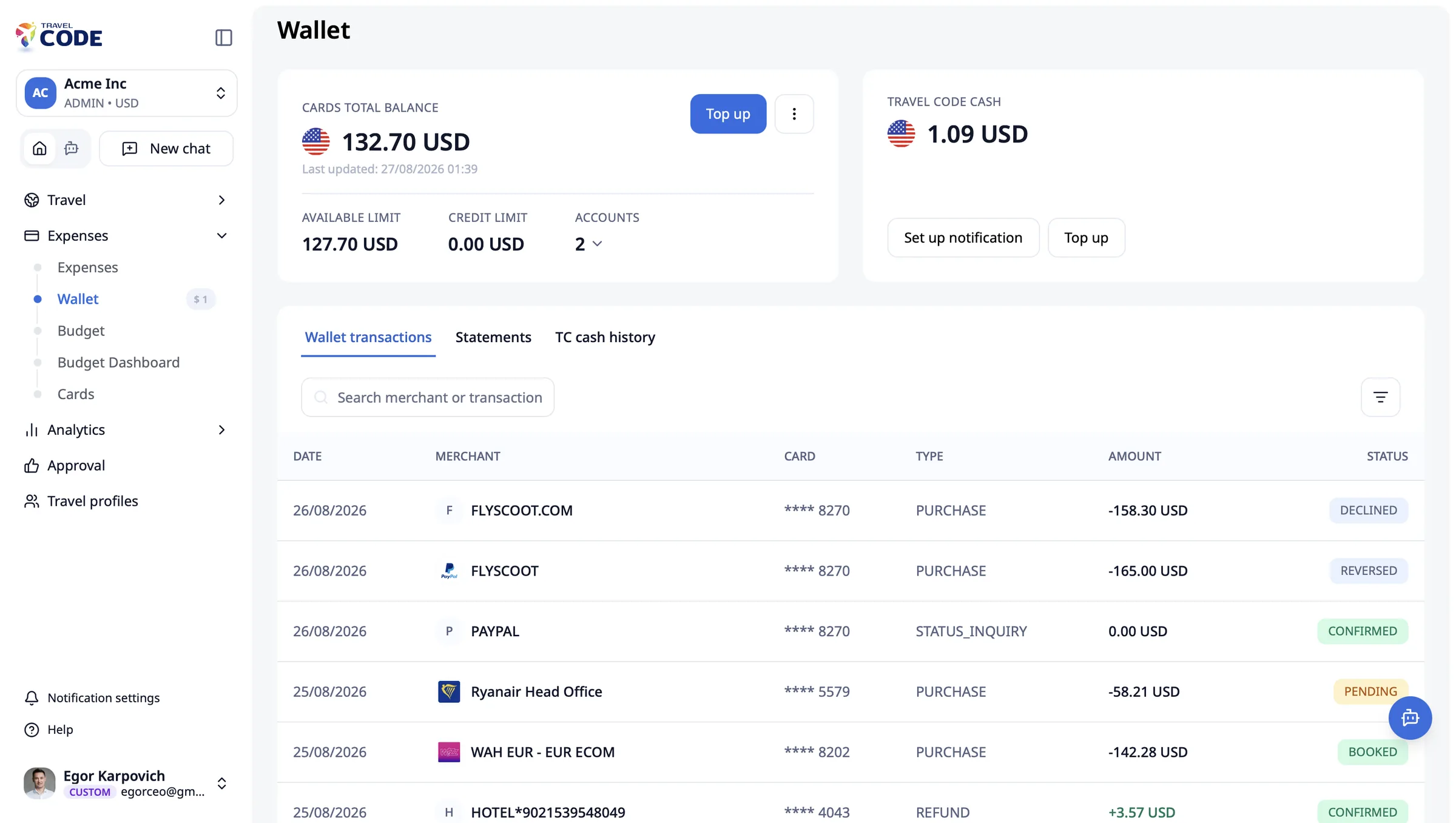 Company wallet: card balance, available limit, Travel Code cash and transaction history